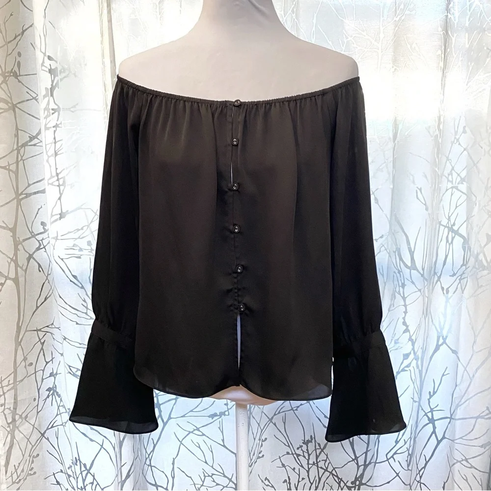 L’Academie black The Off Shoulder long bell sleeve Blouse top - Picture 2 of 8